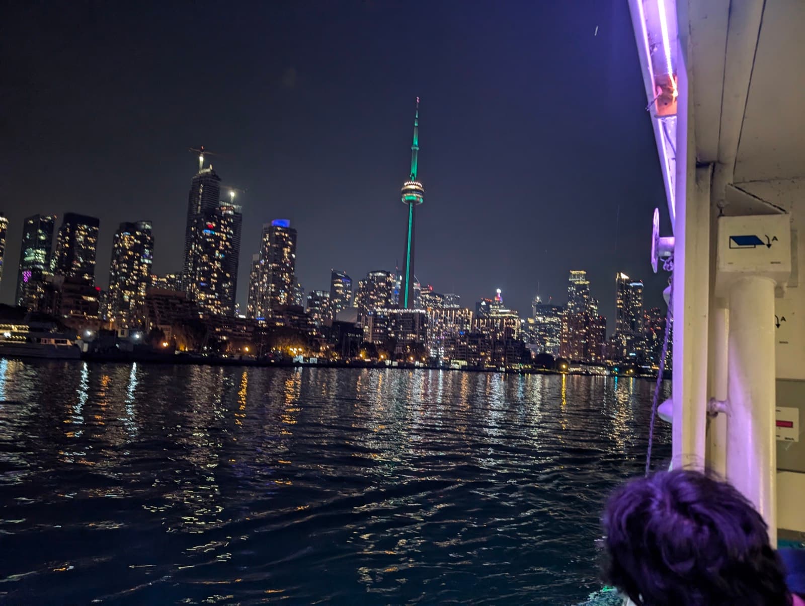 The Toronto skyline at night from the yacht